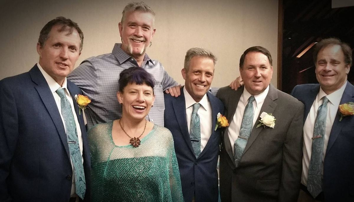 the five friends together at Dallas Burney's (Sallad's) wedding