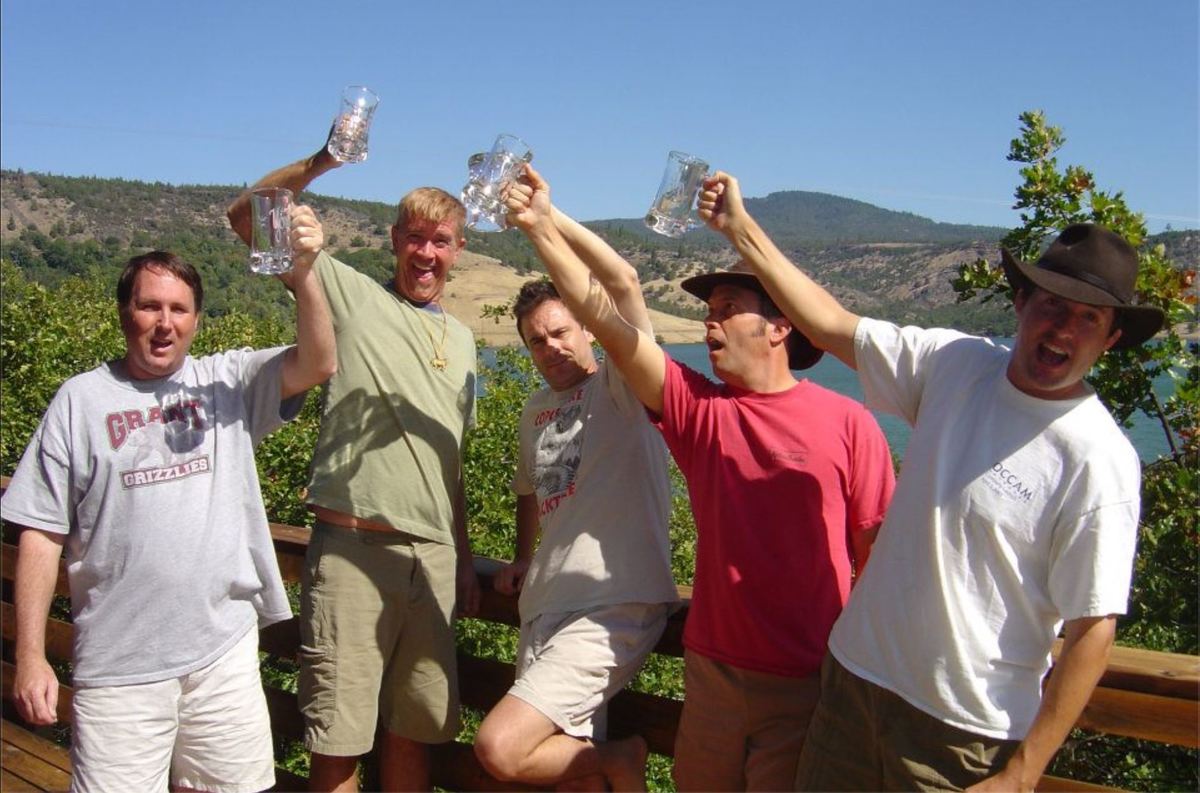 the five friends toasting at the Copco Lake cabin