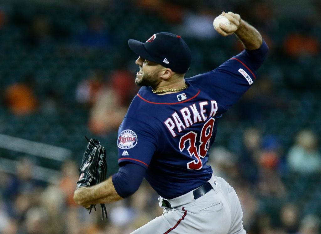 Closer Blake Parker #38 of the Minnesota Twins pitches against the Detroit Tigers 