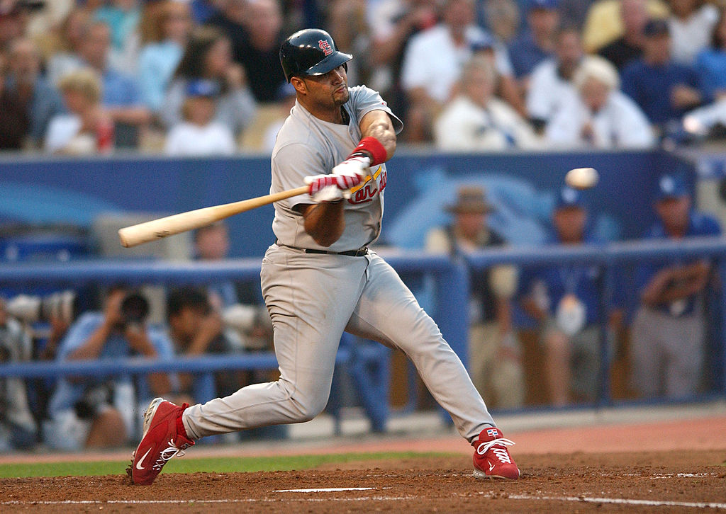 Albert Puljos of the St. Louis Cardinals in action against the Los Angeles Dodgers