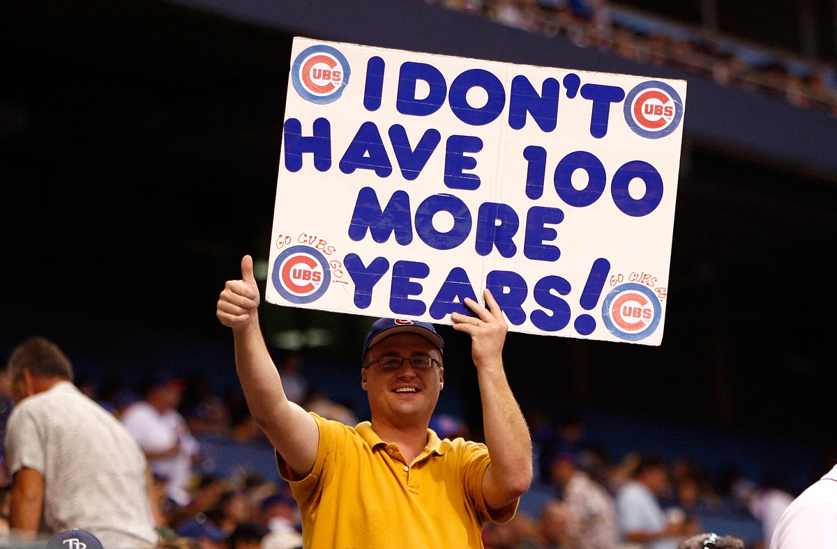A fan of the Chicago Cubs holds a sign during the game against the Tampa Bay Rays during the game at Tropicana Field June 18, 2008 in St. Petersburg, Florida.