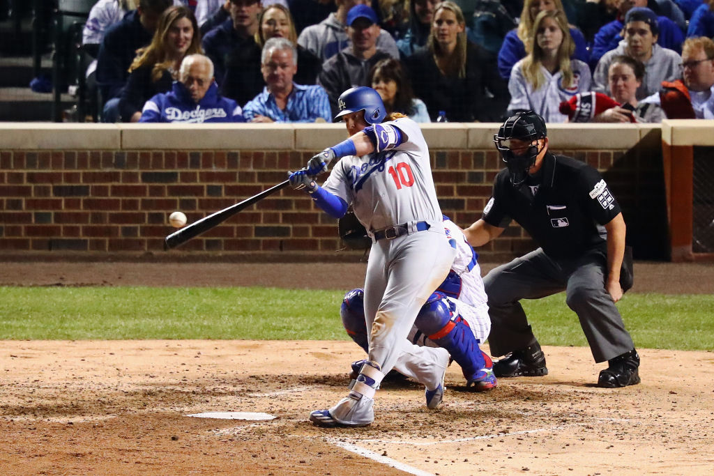 Justin Turner #10 of the Los Angeles Dodgers hits a home run