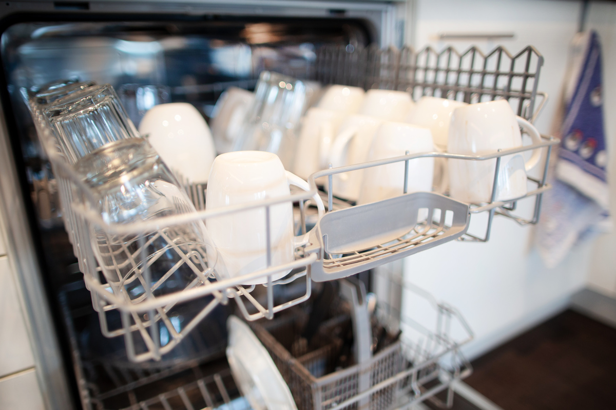 Glasses and cups stand in a dishwasher in Düsseldorf. 