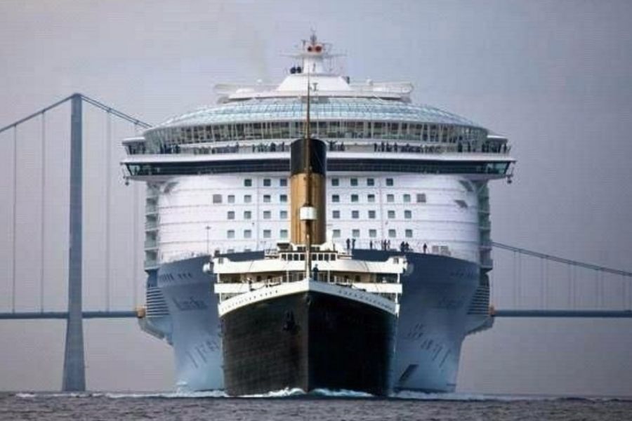 titanic in front of modern curise ship