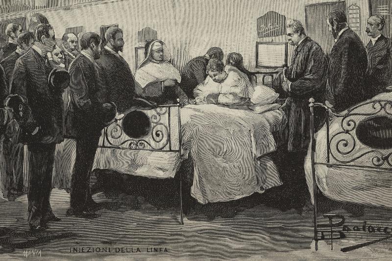 Experiments using Robert Koch's lymph method being done by Dr Baccelli on a tuberculosis patient at the Santo Spirito hospital, Rome, Italy, engraving by Manza from a drawing by Dante Paolocci, 1890