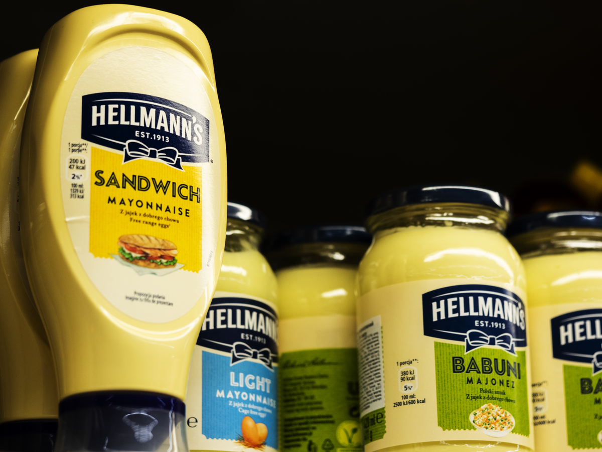 Hellmann's jars of mayonnaise are seen on a shelf at a store. 