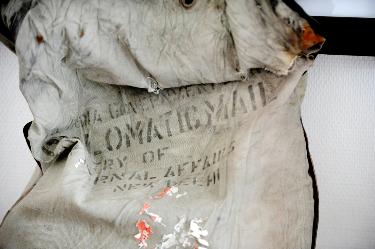 A picture taken on September 3, 2012 in Chamonix, French Alps, A diplomatic bag reading 