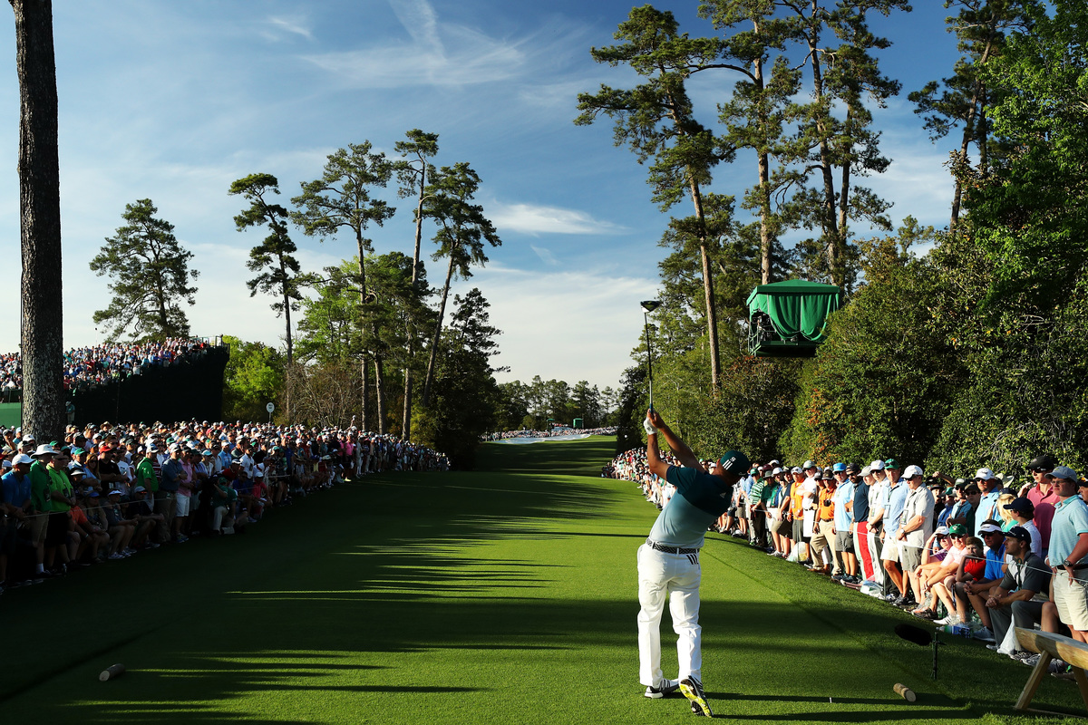 Sergio Garcia of Spain plays his shot from the 18th tee at the Augusta National Golf Club.