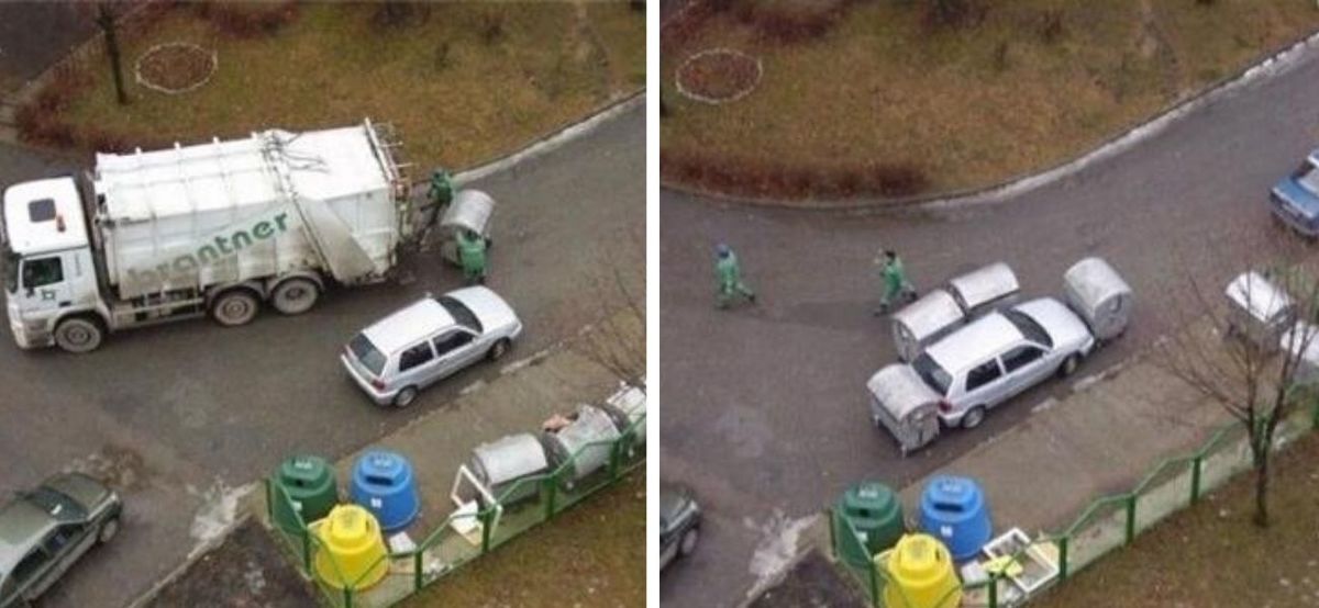 garbage men put garbage cans around car