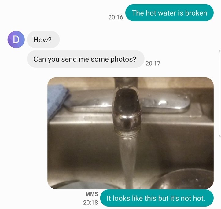 text exchange with landlord about hot water