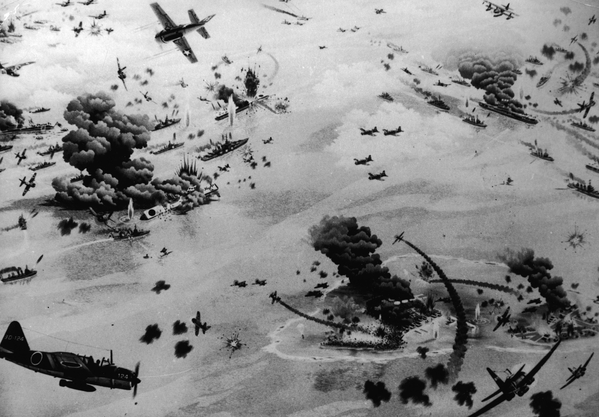 An artist's impression illustrates the Battle of Midway, during World War II, June 1942.