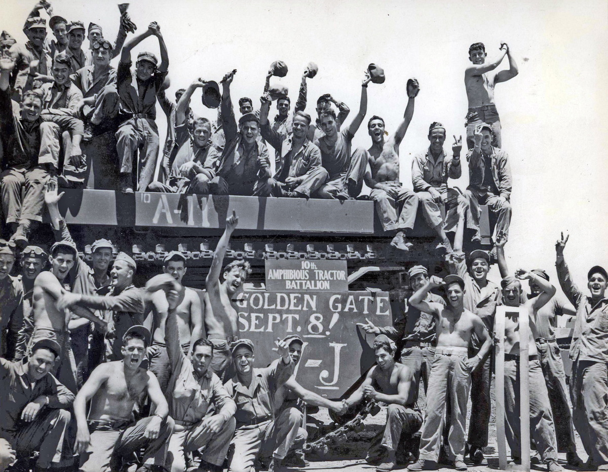 Marines celebrate the end of WWII and Victory over Japan, 1945.