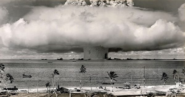 The Baker test during Operation Crossroads, a series of two nuclear weapons tests conducted by the United States at Bikini Atoll. The purpose of the operation, which included two shots, ABLE and BAKER, was to investigate the effect of nuclear weapons on naval warships. Mushroom-shaped cloud and water column from the underwater Baker nuclear explosion. Photo taken from a tower on Bikini Island, 3.5 miles (5.6 km) away. Marshall Islands, Pacific. (PHoto by Galerie Bilderwelt/Getty Images)