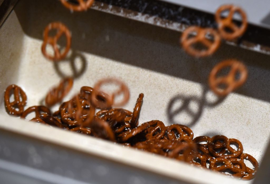 pretzels at the end of a production line