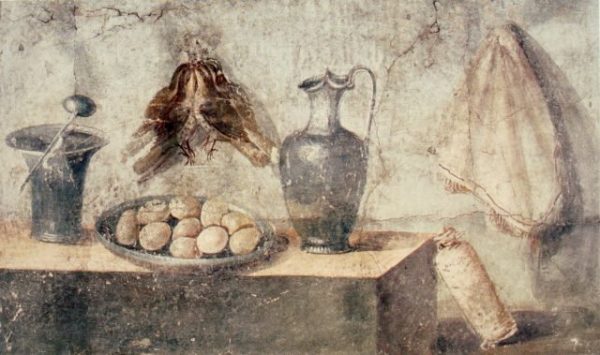 Fresco still life with eggs, birds and bronze dishes from Pompeii. Height: 74 cm. 50-79 BCE