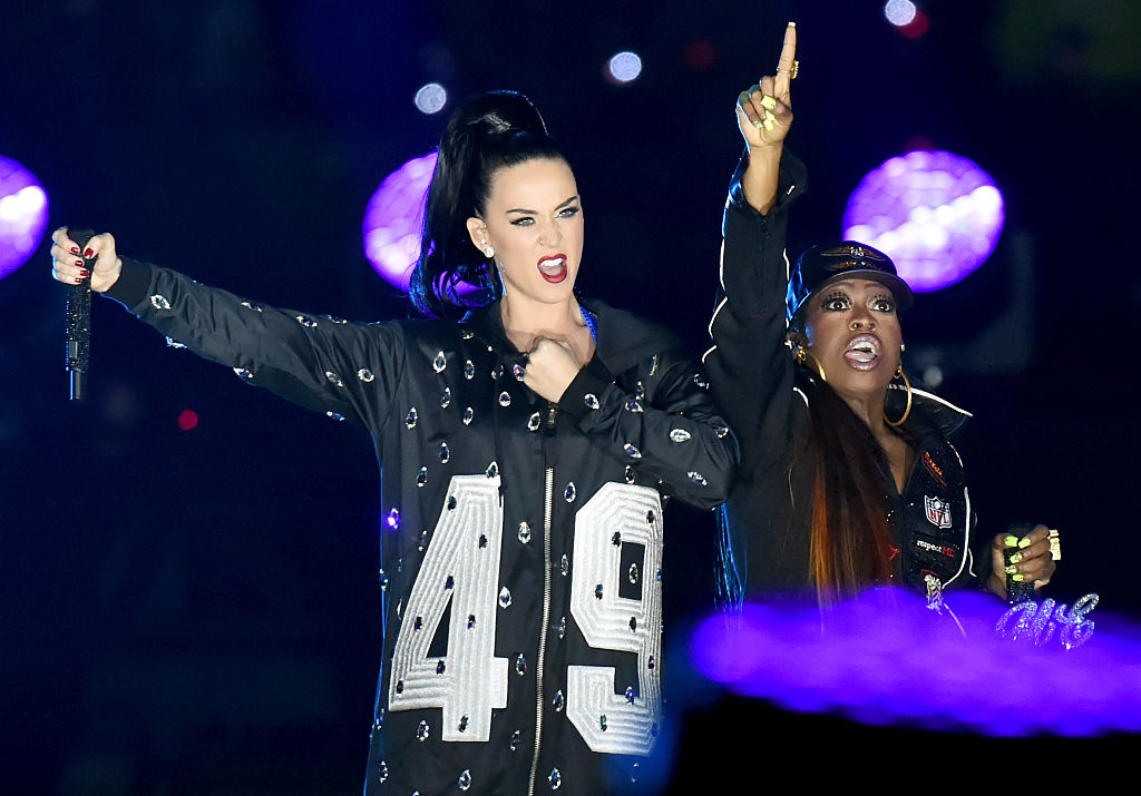Katy Perry and Missy Elliot perform at the Super Bowl XLIX Halftime Show.