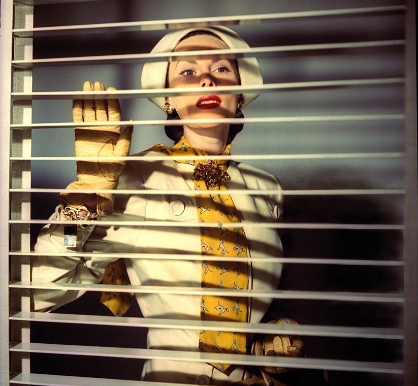 A model peeks through Venetian blinds.