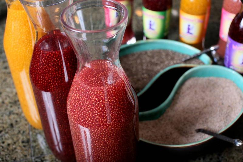 Black and White Chia seeds are soaked in various juice flavors.