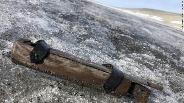 Tinderbox, found on the surface of the ice at Lendbreen during the 2019 fieldwork. Not radiocarbon-dated yet. Photo: Espen Finstad, secretsoftheice.com