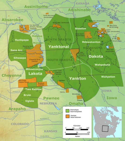Tribal territory of the Great Sioux Nation. Legend: Green: former tribal area – yellow: todays’s reservations