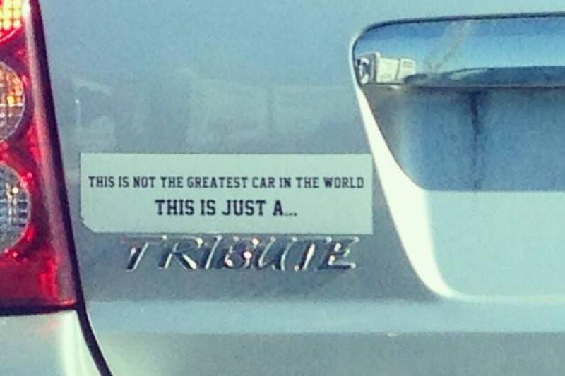 tribute pun bumper sticker on mazda