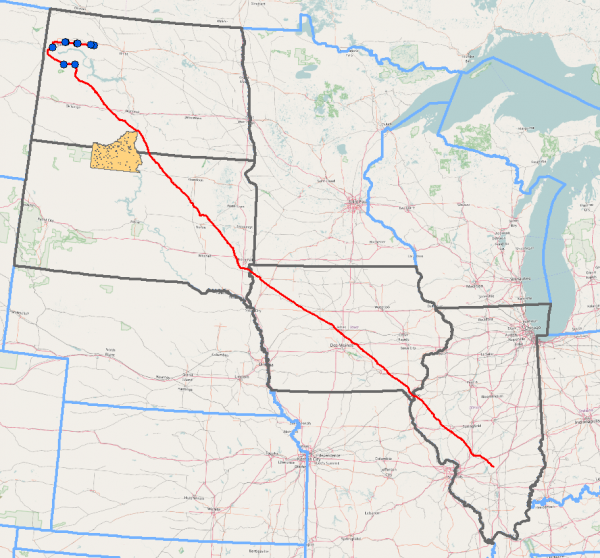 Dakota Access Pipeline route (Standing Rock Indian Reservation is shown in orange). NittyG CC BY-SA 4.0