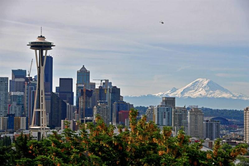 A general view of the Seattle Skyline and Mount Rainier from Kerry Park