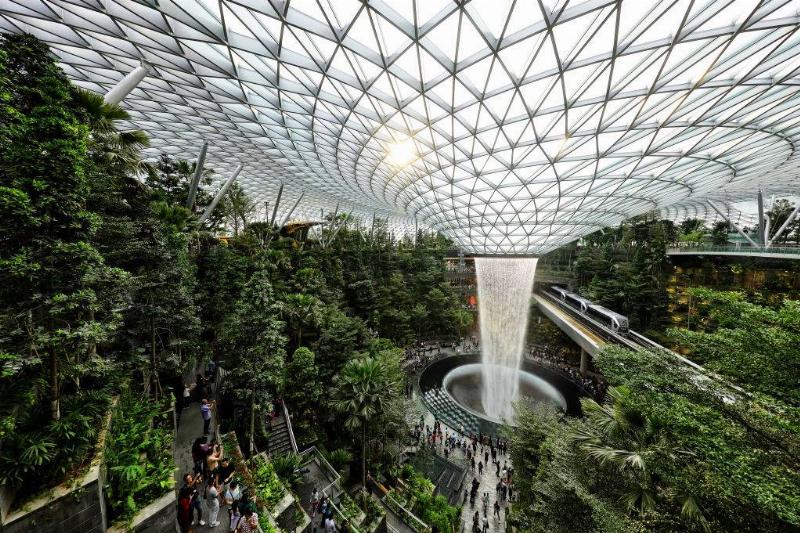 trees inside an airport with an indoor waterfall in singapore, malaysia