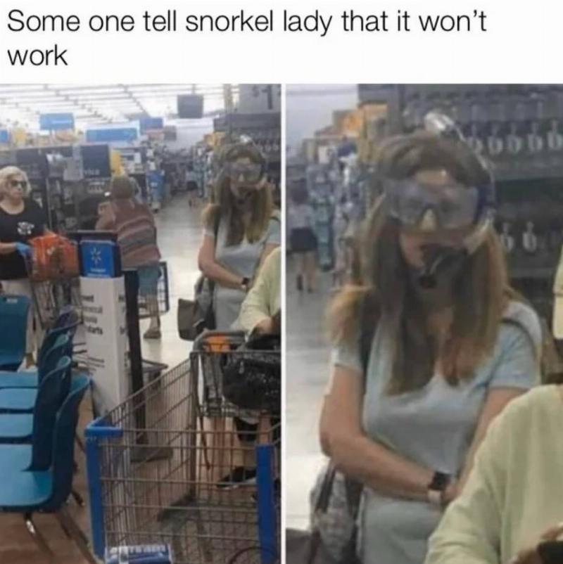 woman wears a snorkel to the grocery store to protect her from 