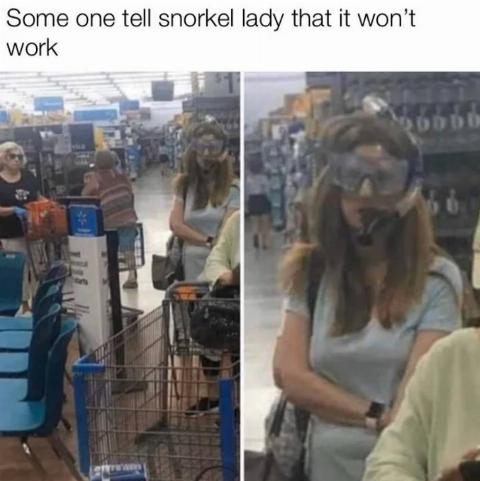 woman wears a snorkel to the grocery store to protect her from 