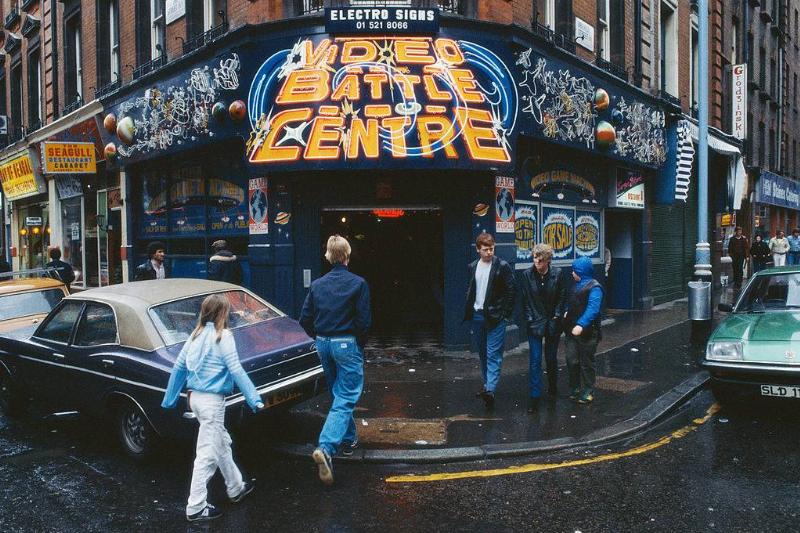 The Video Battle Centre, a video arcade on the corner of Rupert Street and Brewer Street in London's Soho, circa 1979. 