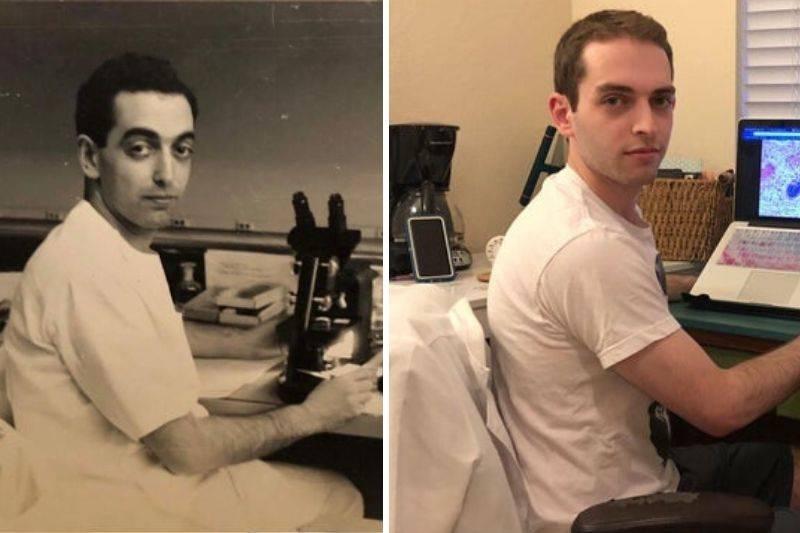 person looks like their grandpa, both are scientists 