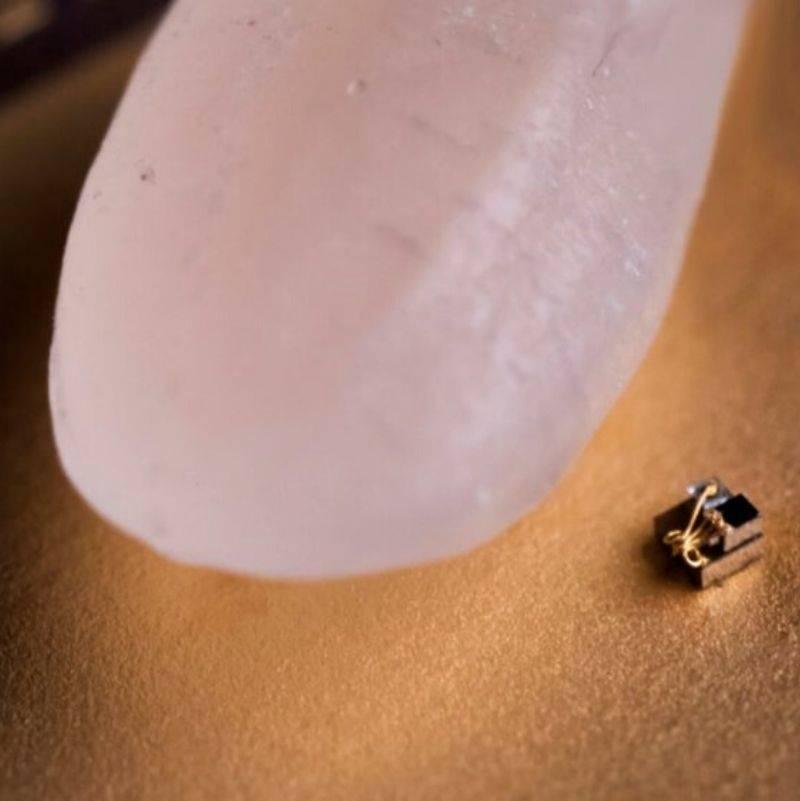 a tiny robot next to a piece of rice