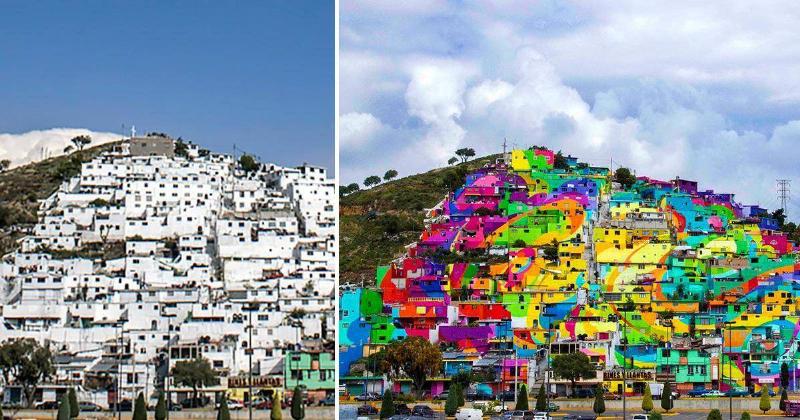 before (white buildings) and after (colorful buildings as large mural) of city on mountainside