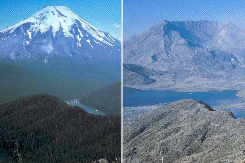 mount st. helens before (full mountain) and after (collapsed look) eruption in 1980