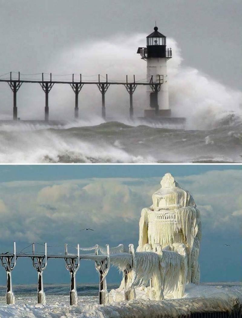 lighthouse normally vs. covered in snow and ice