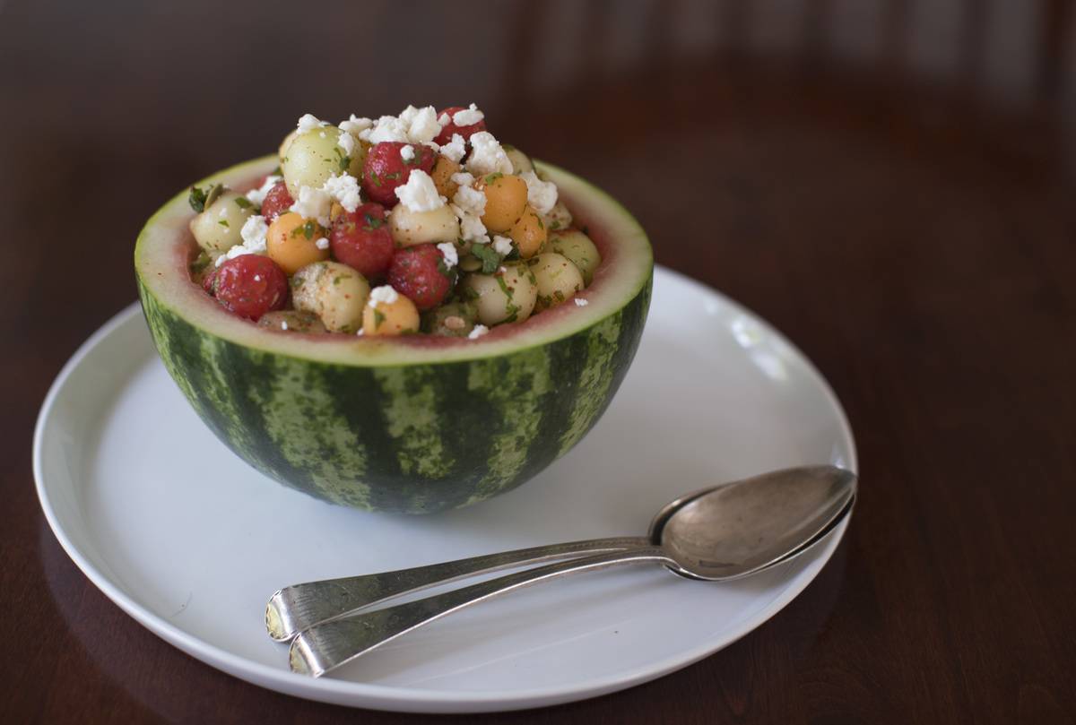 A melon-chili salad is topped with feta.