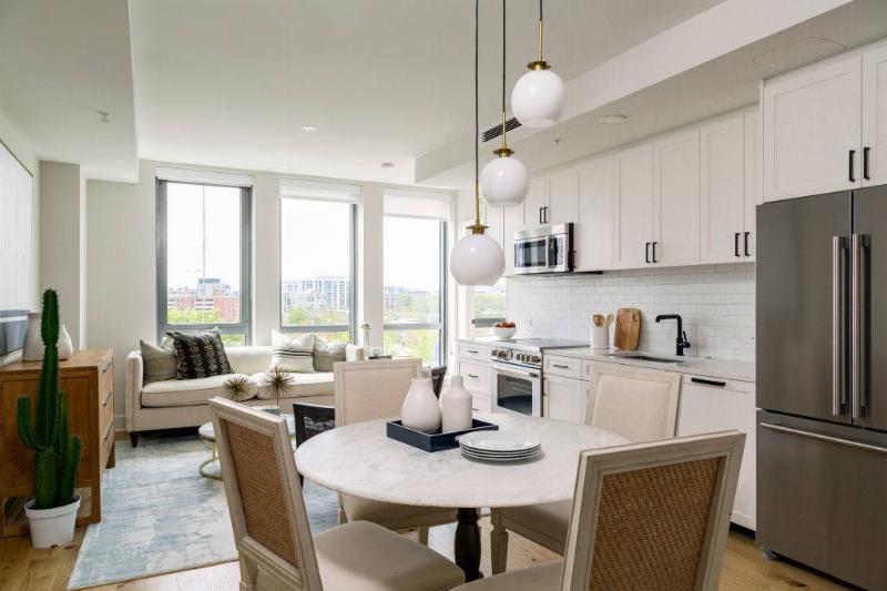 Living area seen from Dining Table in Unit 618 at Avidian on April 14, 2020 in Washington DC.