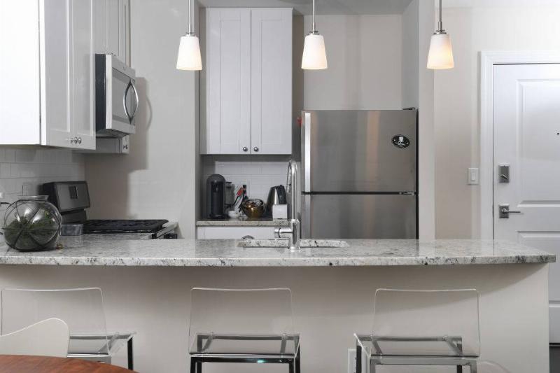 WASHINGTON, DC - NOVEMBER 12: Laura Kiker's kitchen has granite counter tops, stainless steel appliances and pendant lighting November 12, 2017 in Washington, DC. Kiker's building previously was a section of Specialty Hospital Capitol Hill. (