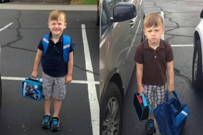 little boy on first day vs second day of school less happy