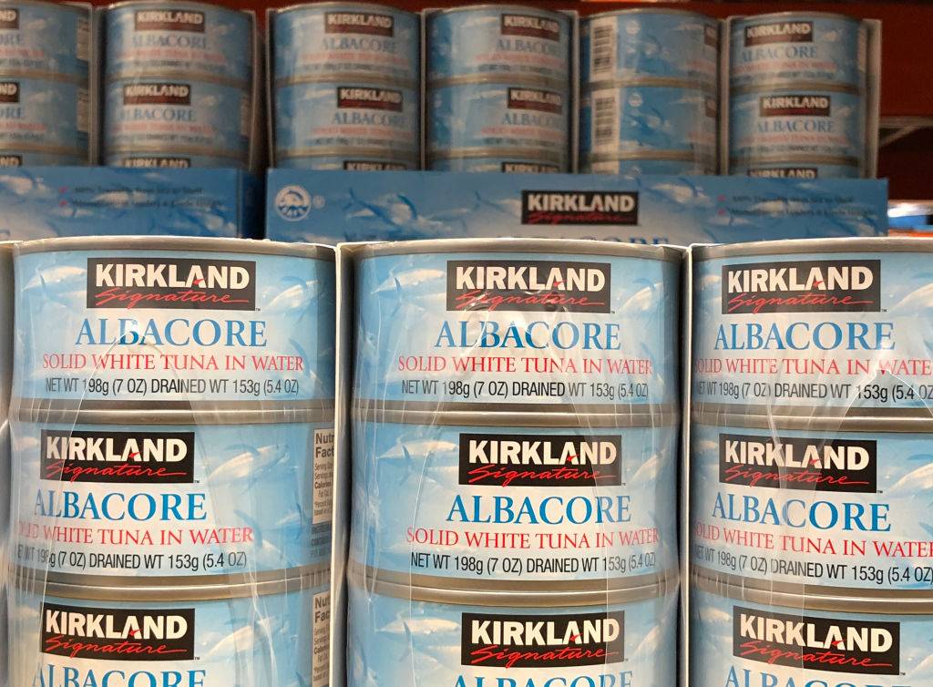 Cans of Kirkland brand albacore tune 