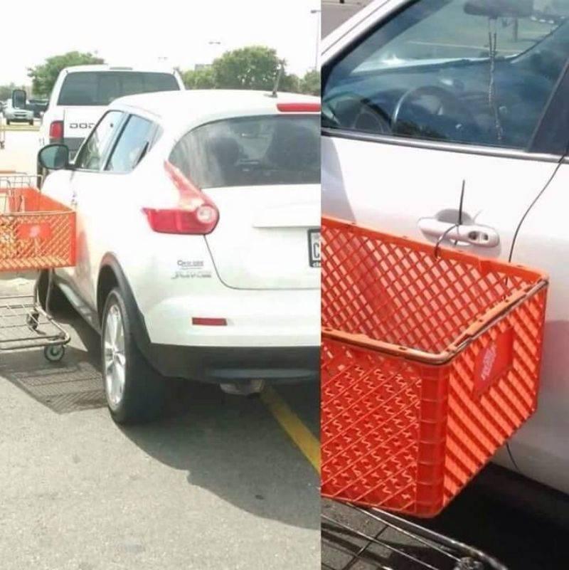 someone zip tied a shopping cart to a person's car