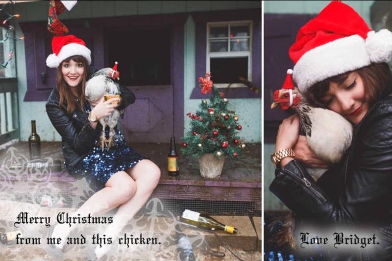 woman holding a chicken with script: Merry Christmas from me and this chicken.