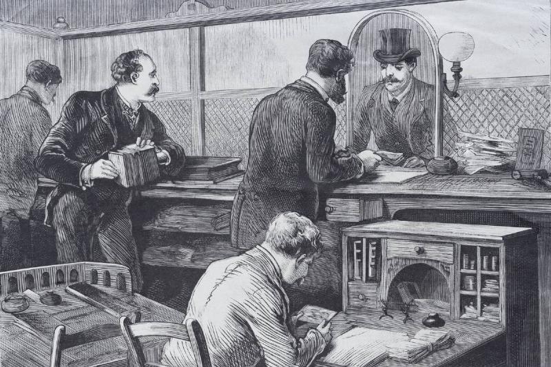An illustration shows a bank operating in the 19th century.