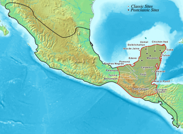 Map of the Maya region showing locations of some of the principal cities. Kmusser – CC BY-SA 3.0