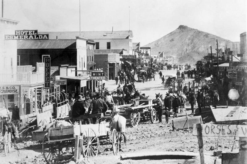 Traffic occurs in a Nevada town in 1927.