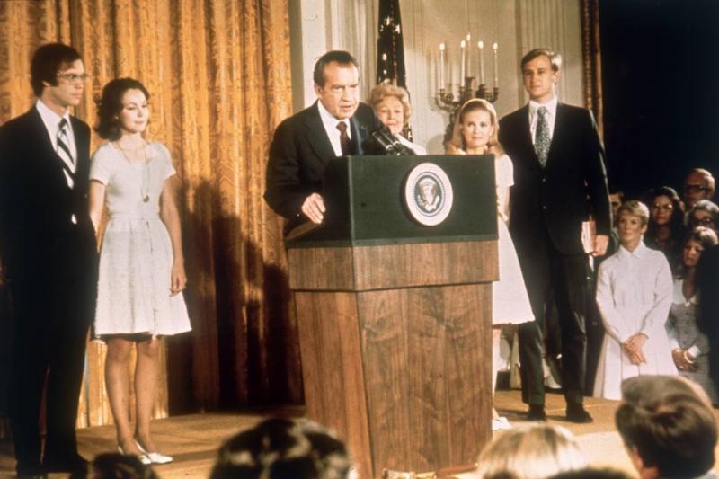 American politician Richard Nixon (1913 - 1994) at the White House with his family after his resignation as President