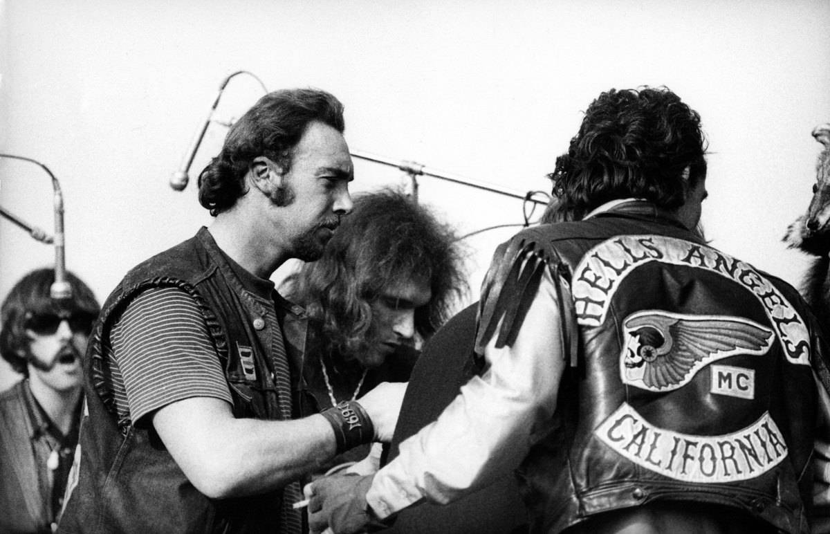 Members of Hells Angels act as concert security, 1969.