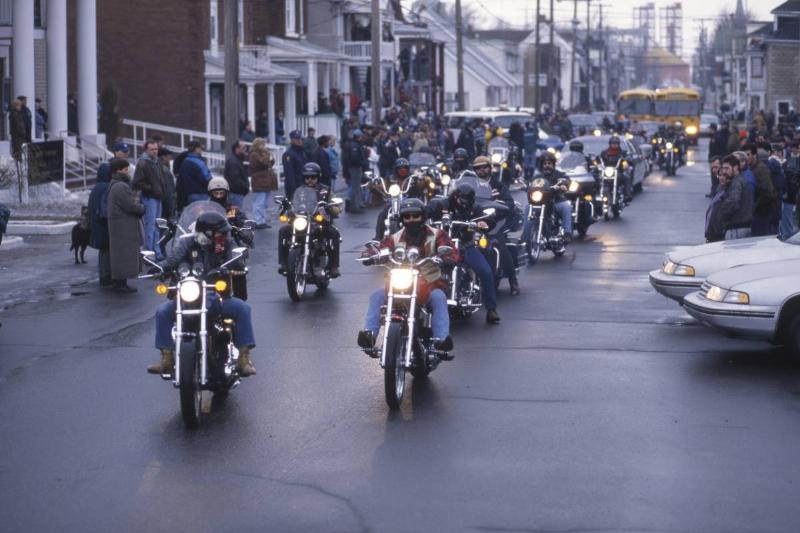Hells Angels ride through the streets of Montreal.