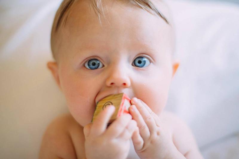 baby with wood block in hands and mouth